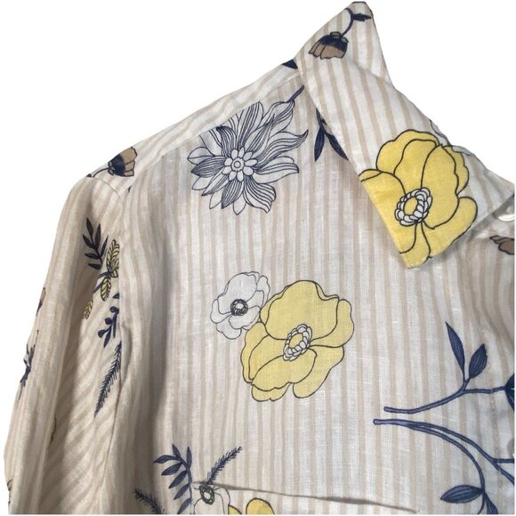 Charter Club Blue Yellow Floral Linen Button Down Shirt Size L Lagenlook Cottage - Picture 3 of 10